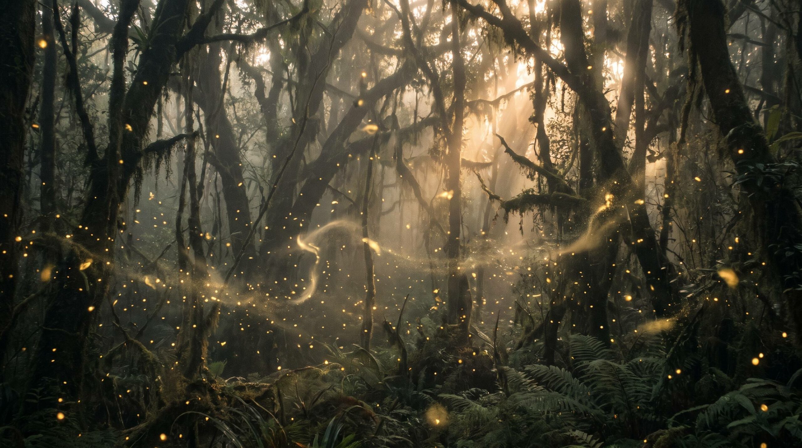 Gouden lichtdeeltjes in een donker bos