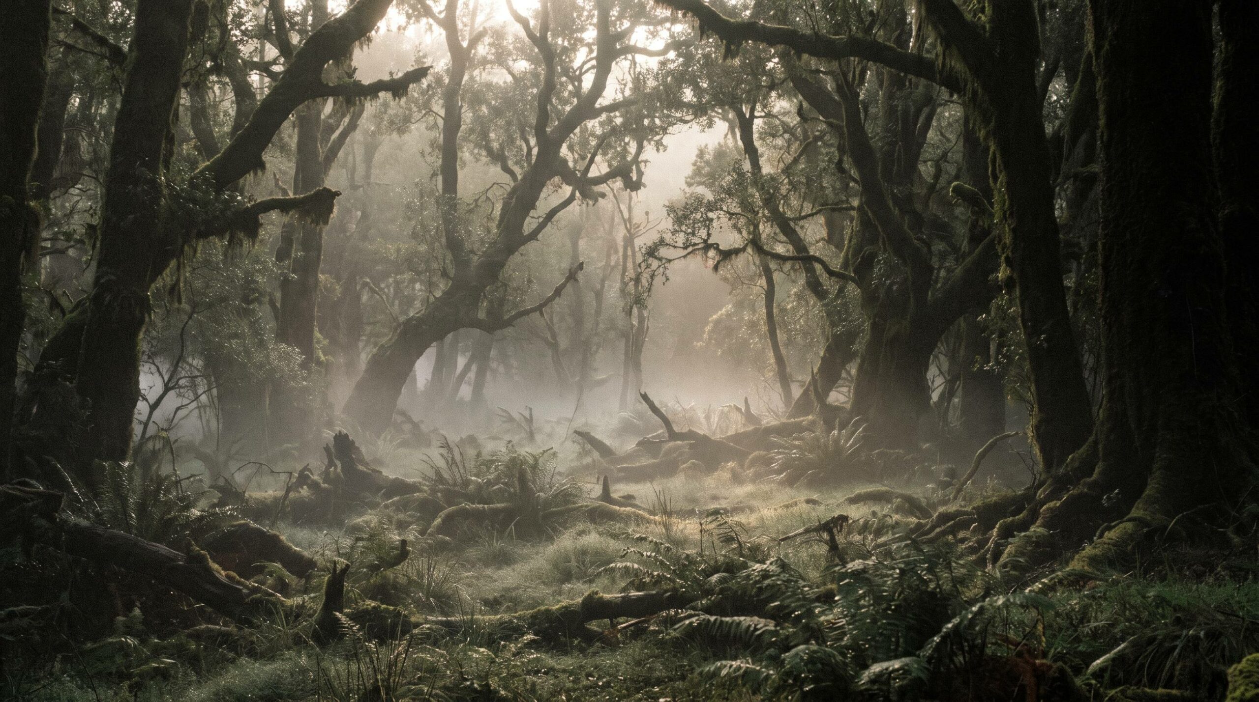 Mistig oerbos bij dageraad