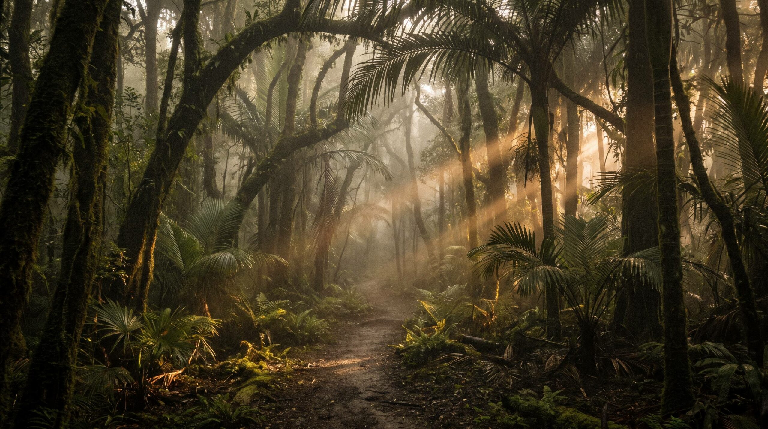 Pad door een mistige jungle met lichtstralen